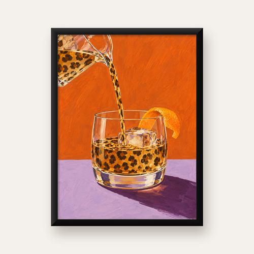Leopar Desenli Kokteyl Bardaklı Canlı Poster – Turuncu Arka Plan