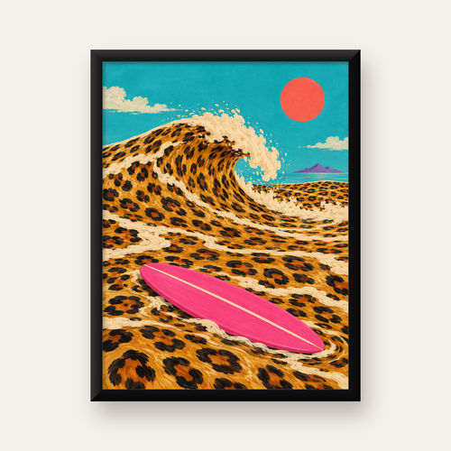 Leopar Desenli Dalga ve Pembe Sörf Poster Dijital Baskı