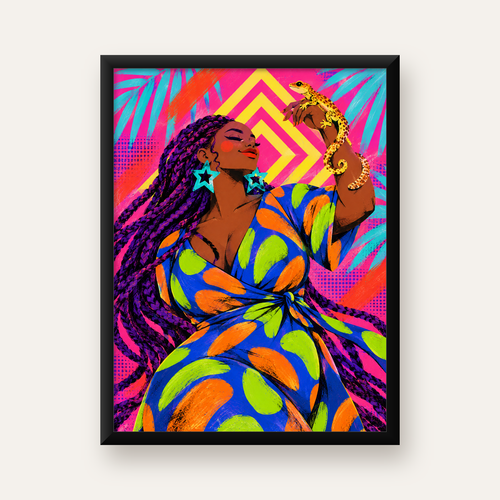 Renkli Kadın Portresi & Kertenkele Tropikal Dijital Poster
