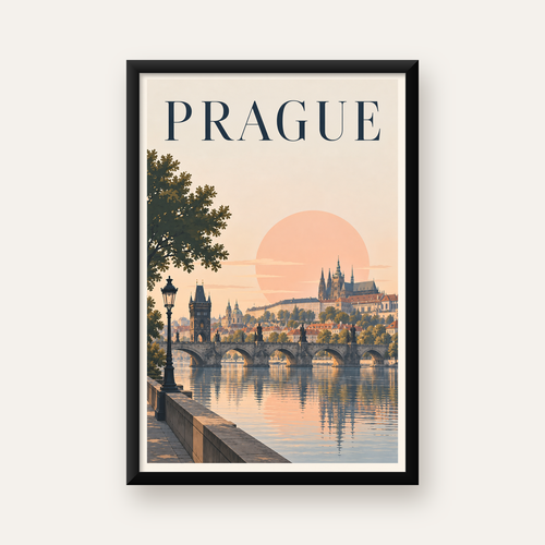 Prag Şehir Manzarası Poster – Pastel Tonlarda Dijital Baskı
