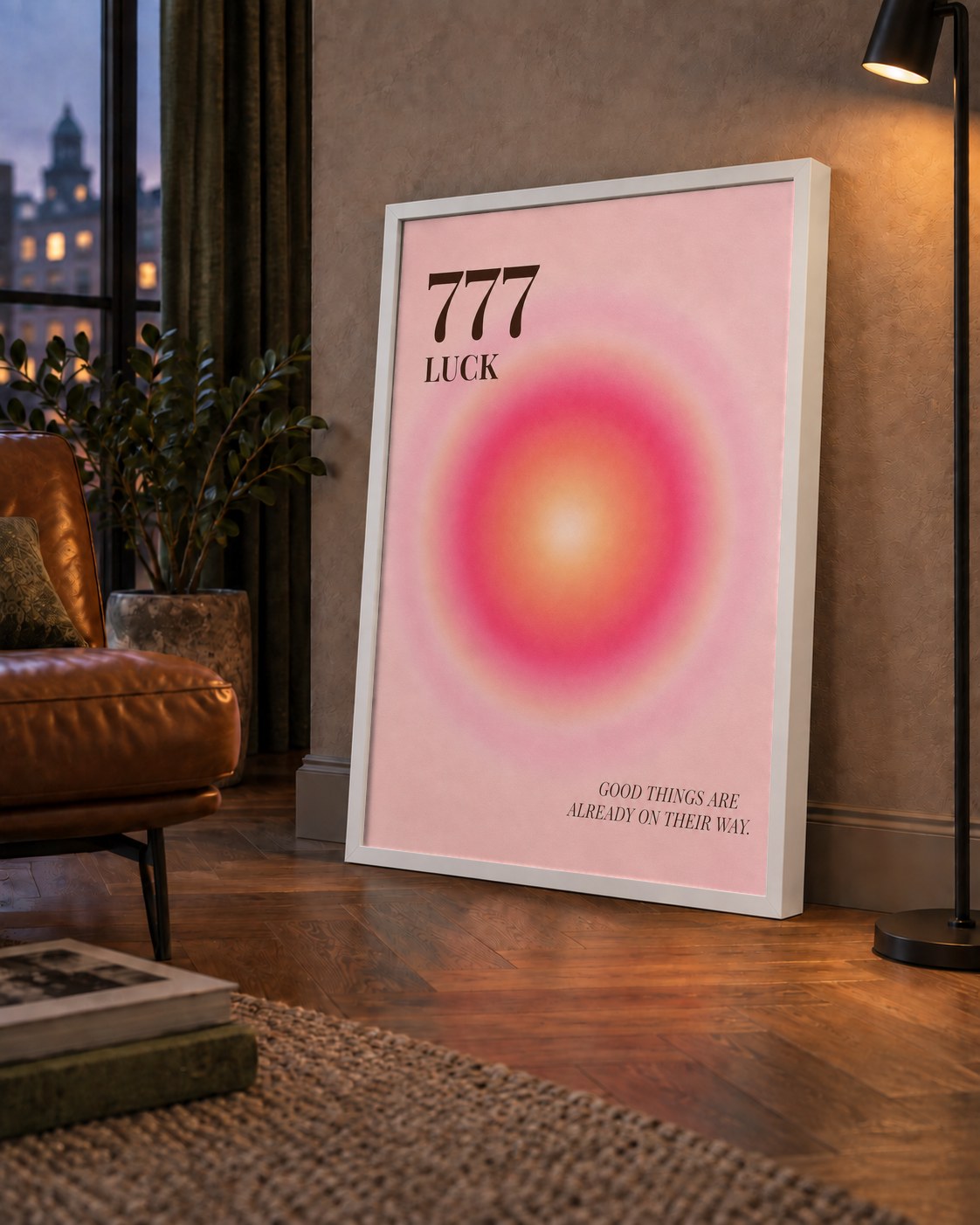 777 Luck Pembe Aura Poster — çerçeveli hâliyle bir ev duvarında