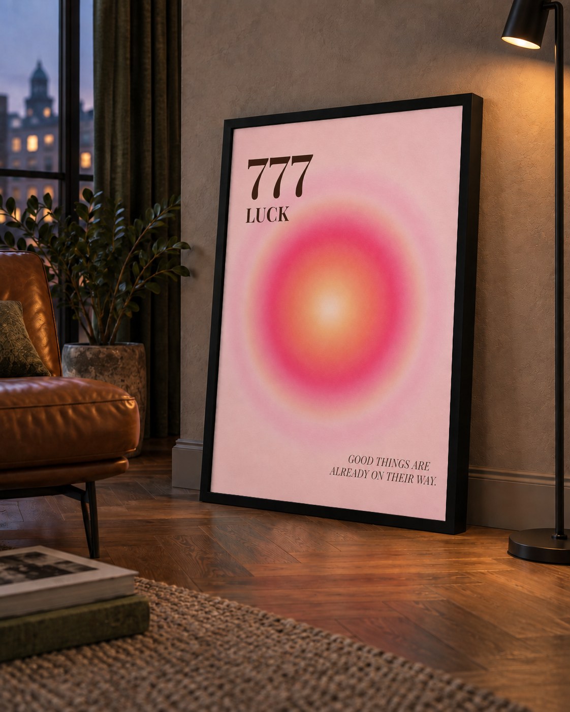 777 Luck Pembe Aura Poster — çerçeveli hâliyle bir ev duvarında