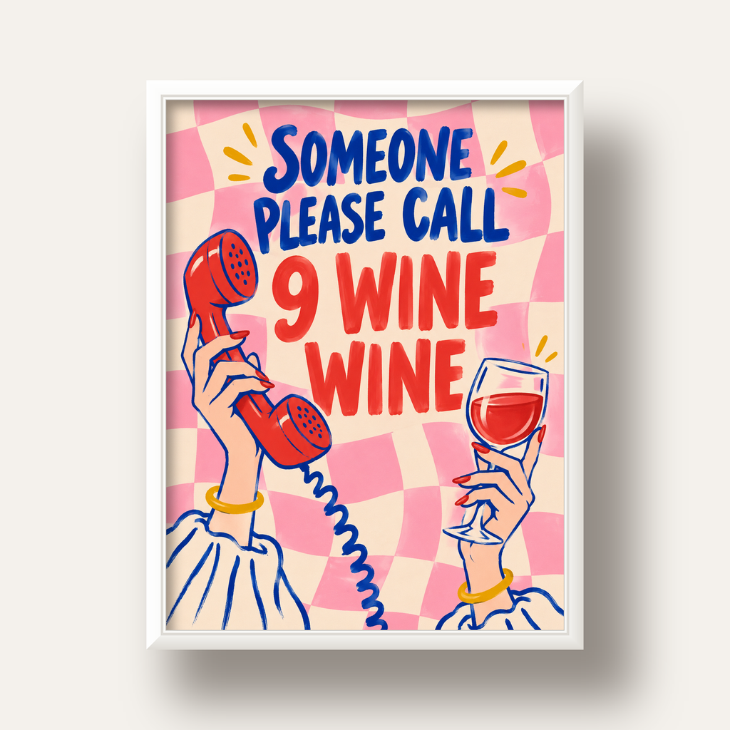 Eğlenceli Şarap & Telefon Poster – 9 Wine Wine İllüstrasyon — beyaz derin çerçeveli
