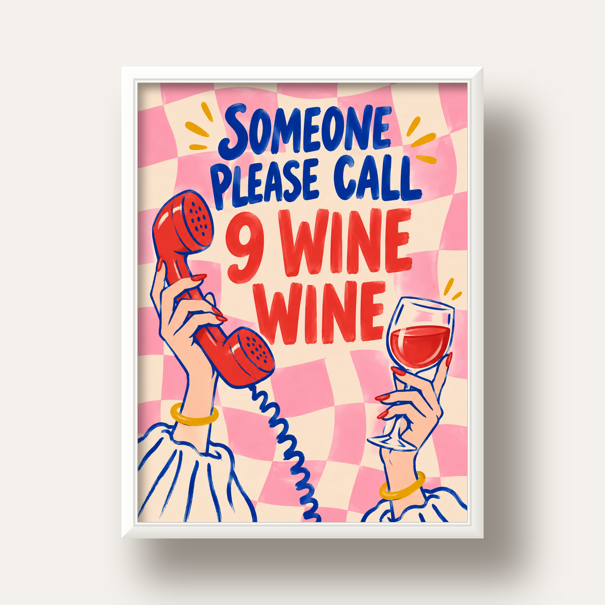 Eğlenceli Şarap & Telefon Poster – 9 Wine Wine İllüstrasyon — beyaz derin çerçeveli