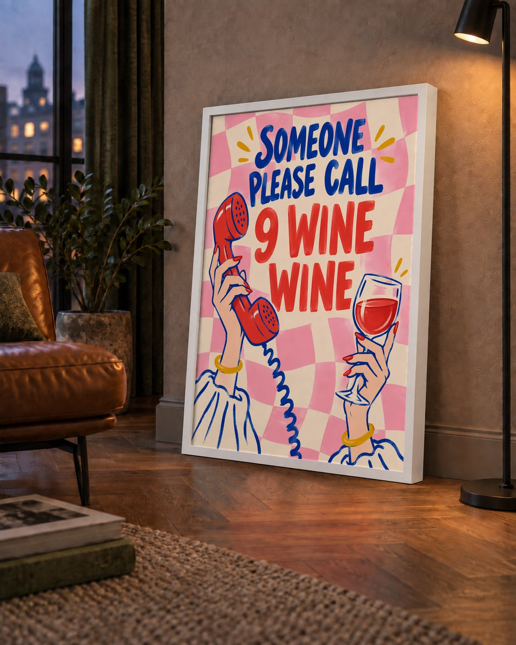 Eğlenceli Şarap & Telefon Poster – 9 Wine Wine İllüstrasyon — çerçeveli hâliyle bir ev duvarında