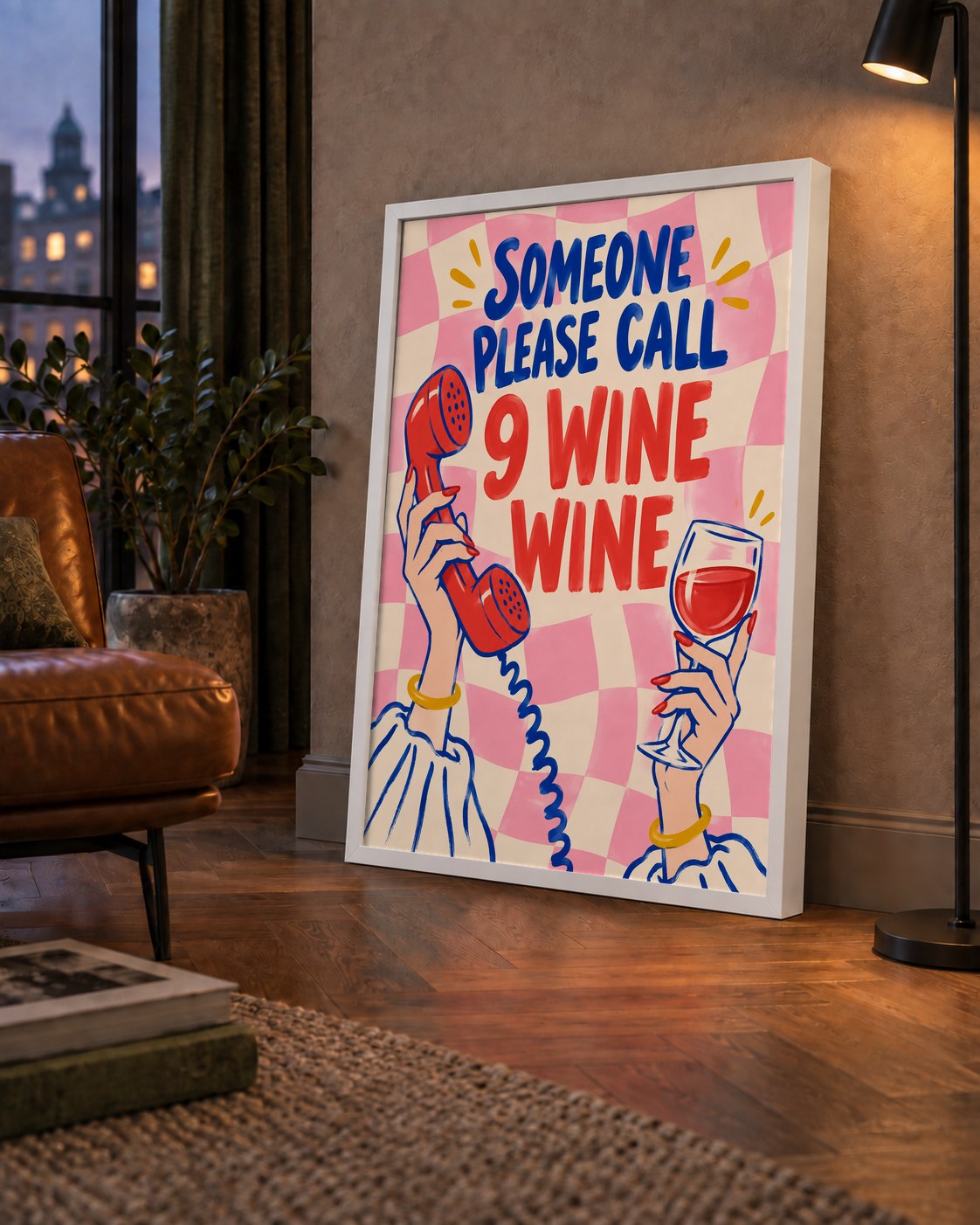 Eğlenceli Şarap & Telefon Poster – 9 Wine Wine İllüstrasyon — çerçeveli hâliyle bir ev duvarında