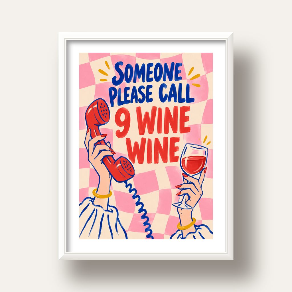 Eğlenceli Şarap & Telefon Poster – 9 Wine Wine İllüstrasyon — beyaz derin çerçeveli paspartulu