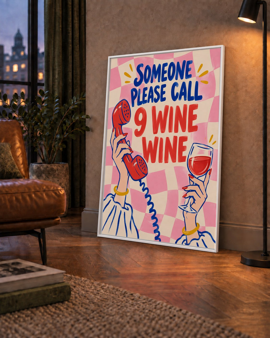 Eğlenceli Şarap & Telefon Poster – 9 Wine Wine İllüstrasyon — çerçeveli hâliyle bir ev duvarında