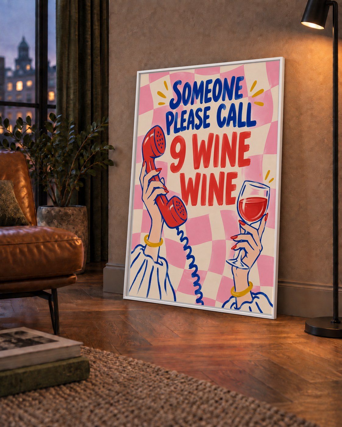 Eğlenceli Şarap & Telefon Poster – 9 Wine Wine İllüstrasyon — çerçeveli hâliyle bir ev duvarında