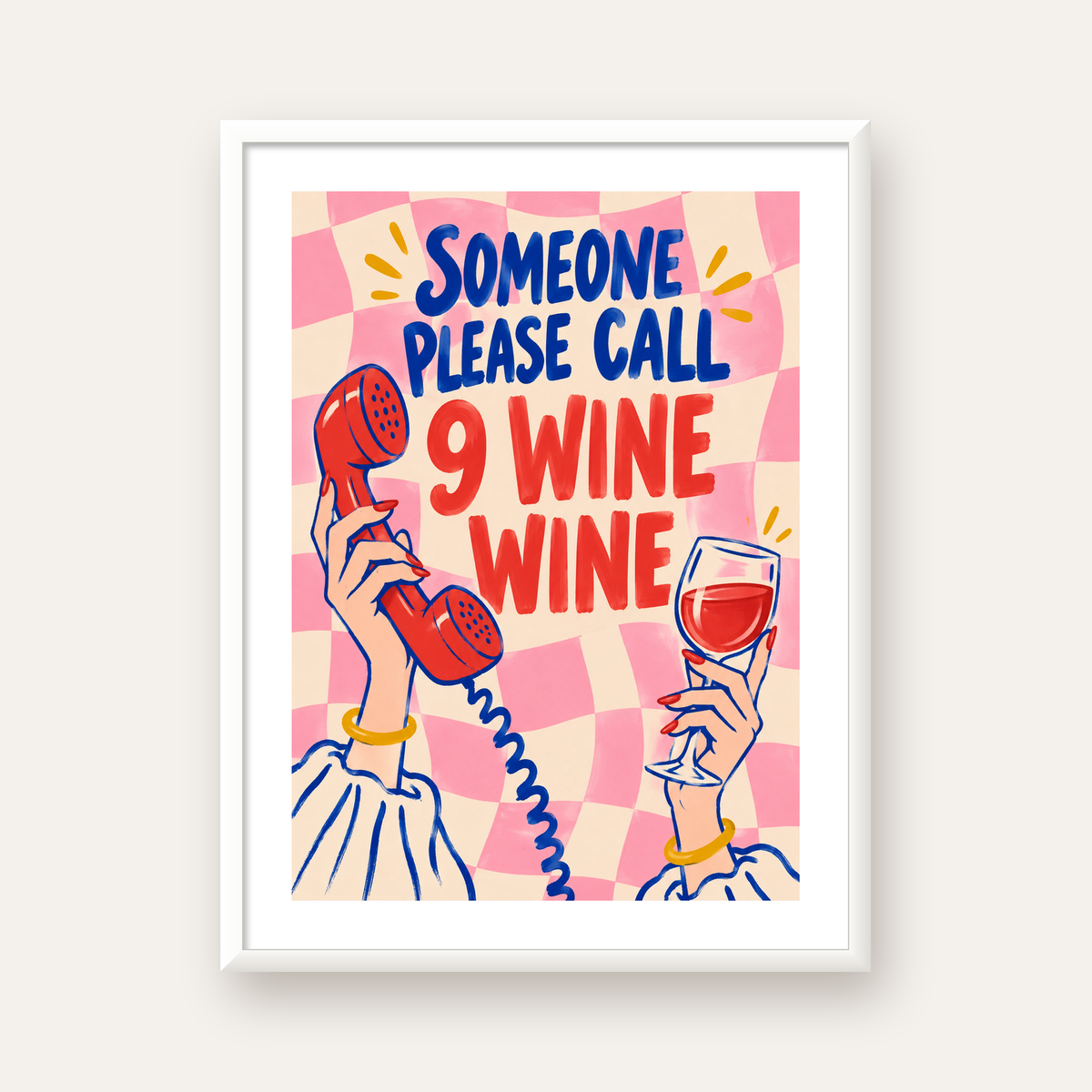 Eğlenceli Şarap & Telefon Poster – 9 Wine Wine İllüstrasyon — beyaz çerçeveli dikey poster