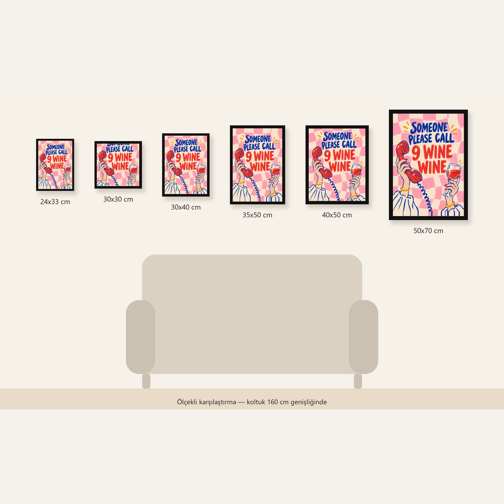 Eğlenceli Şarap & Telefon Poster – 9 Wine Wine İllüstrasyon — Dikey ölçülerinin karşılaştırması