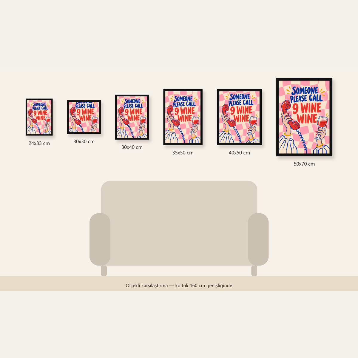 Eğlenceli Şarap & Telefon Poster – 9 Wine Wine İllüstrasyon — Dikey ölçülerinin karşılaştırması