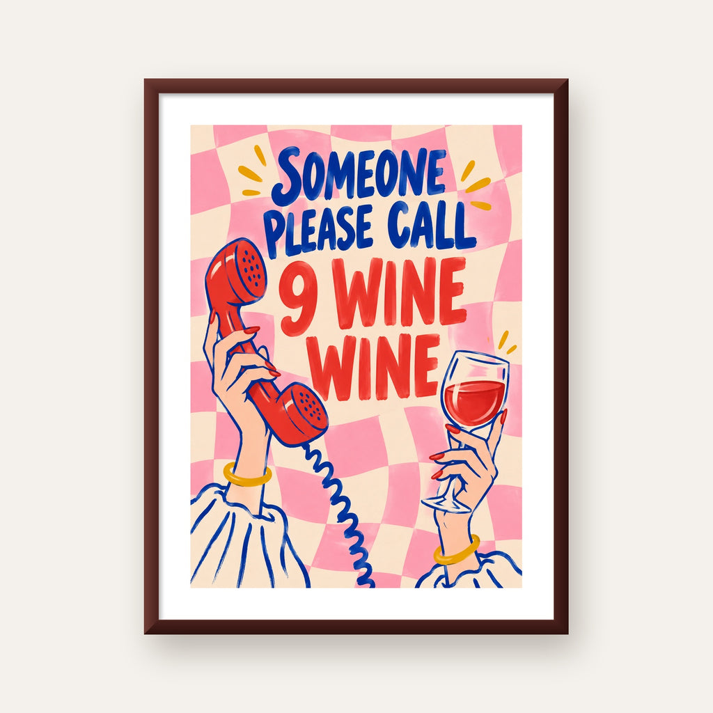 Eğlenceli Şarap & Telefon Poster – 9 Wine Wine İllüstrasyon — ceviz çerçeveli paspartulu