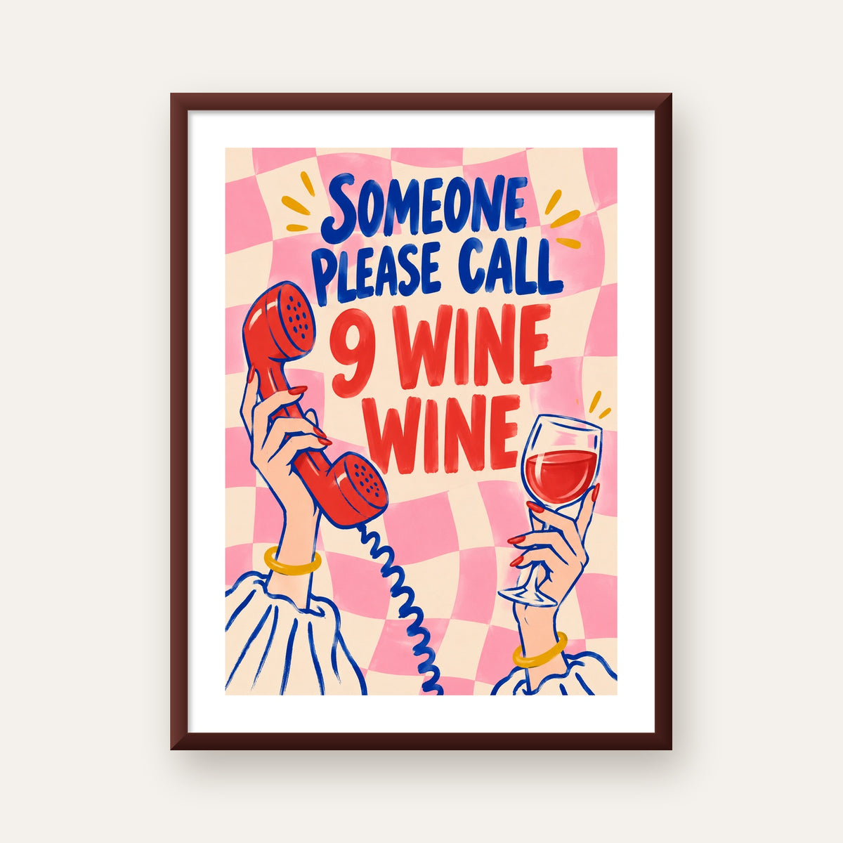 Eğlenceli Şarap & Telefon Poster – 9 Wine Wine İllüstrasyon — ceviz çerçeveli paspartulu