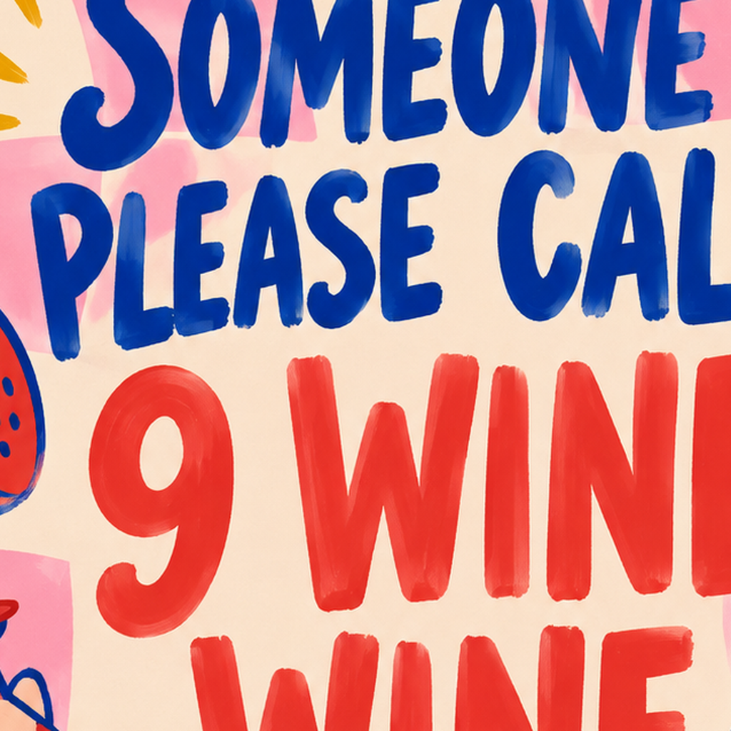 Eğlenceli Şarap & Telefon Poster – 9 Wine Wine İllüstrasyon — baskının yakın çekimi, kâğıt dokusu ve renk detayı