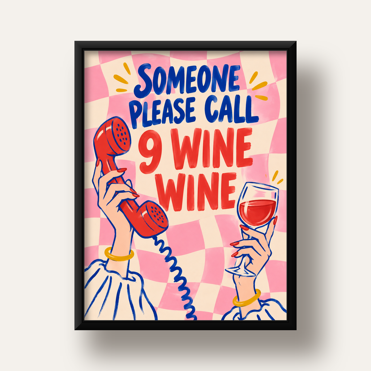 Eğlenceli Şarap & Telefon Poster – 9 Wine Wine İllüstrasyon — siyah derin çerçeveli
