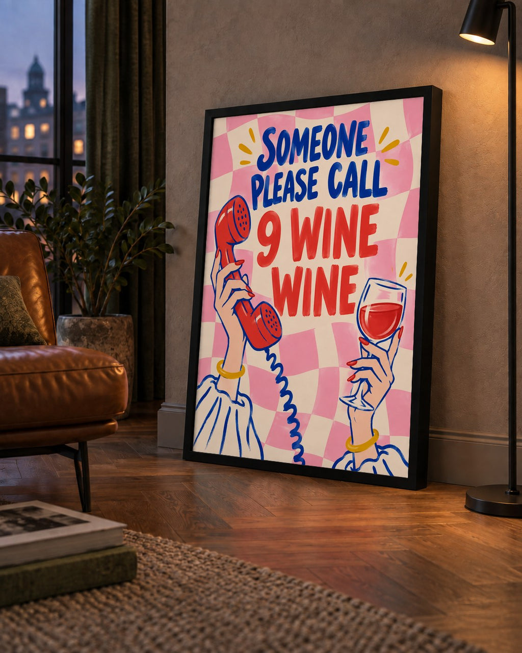 Eğlenceli Şarap & Telefon Poster – 9 Wine Wine İllüstrasyon — çerçeveli hâliyle bir ev duvarında