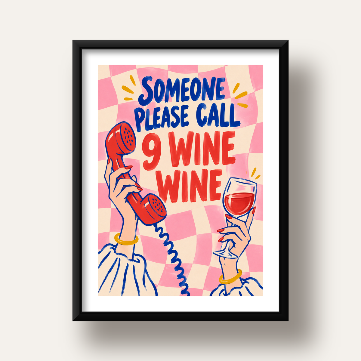 Eğlenceli Şarap & Telefon Poster – 9 Wine Wine İllüstrasyon — siyah derin çerçeveli paspartulu
