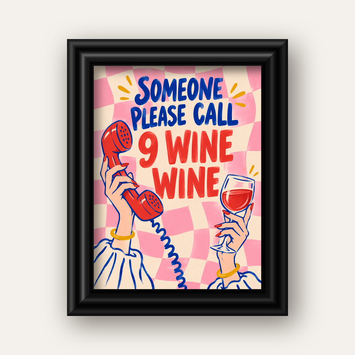 Eğlenceli Şarap & Telefon Poster – 9 Wine Wine İllüstrasyon — siyah galeri çerçeveli