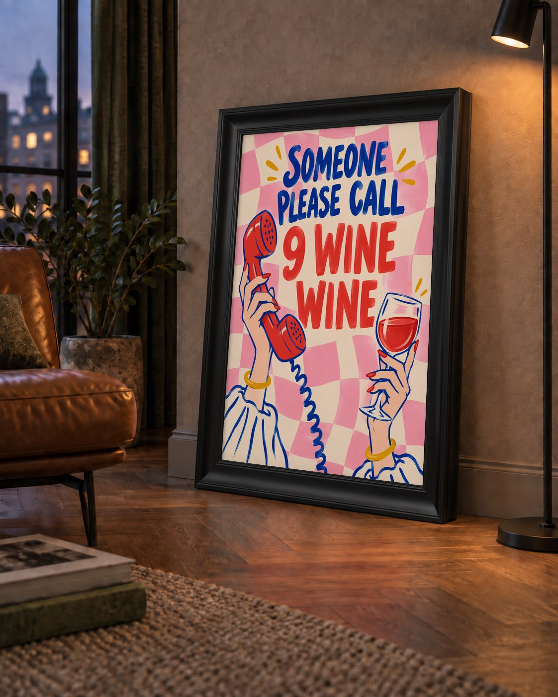 Eğlenceli Şarap & Telefon Poster – 9 Wine Wine İllüstrasyon — çerçeveli hâliyle bir ev duvarında