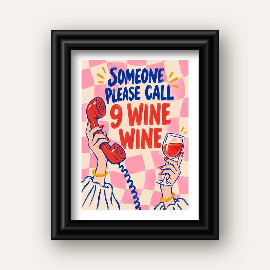 Eğlenceli Şarap & Telefon Poster – 9 Wine Wine İllüstrasyon — siyah galeri çerçeveli paspartulu