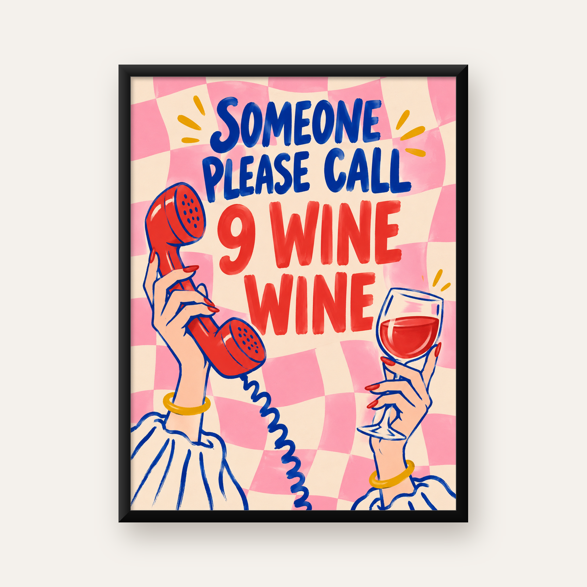 Eğlenceli Şarap & Telefon Poster – 9 Wine Wine İllüstrasyon — Dikey baskı, düz siyah çerçeveli duvar posteri