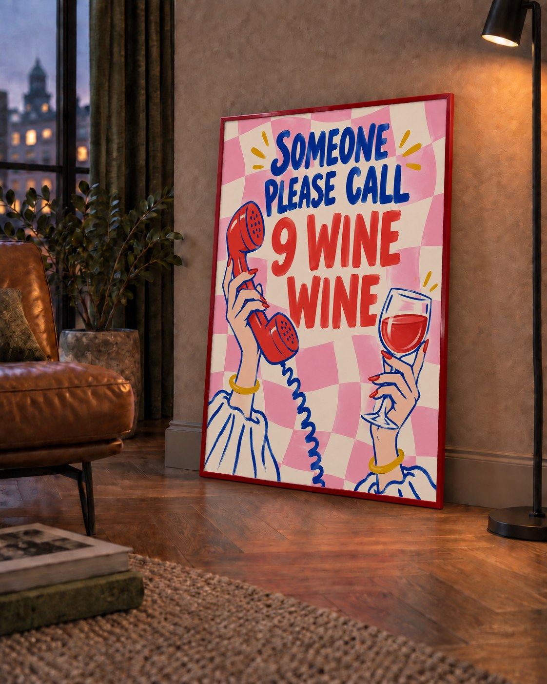 Eğlenceli Şarap & Telefon Poster – 9 Wine Wine İllüstrasyon — çerçeveli hâliyle bir ev duvarında