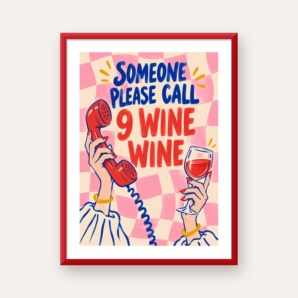Eğlenceli Şarap & Telefon Poster – 9 Wine Wine İllüstrasyon — kırmızı çerçeveli paspartulu