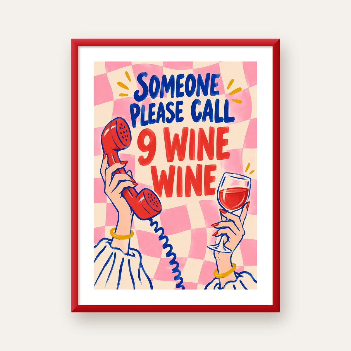 Eğlenceli Şarap & Telefon Poster – 9 Wine Wine İllüstrasyon — kırmızı çerçeveli paspartulu