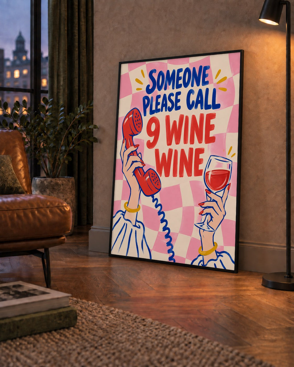 Eğlenceli Şarap & Telefon Poster – 9 Wine Wine İllüstrasyon — çerçeveli hâliyle bir ev duvarında