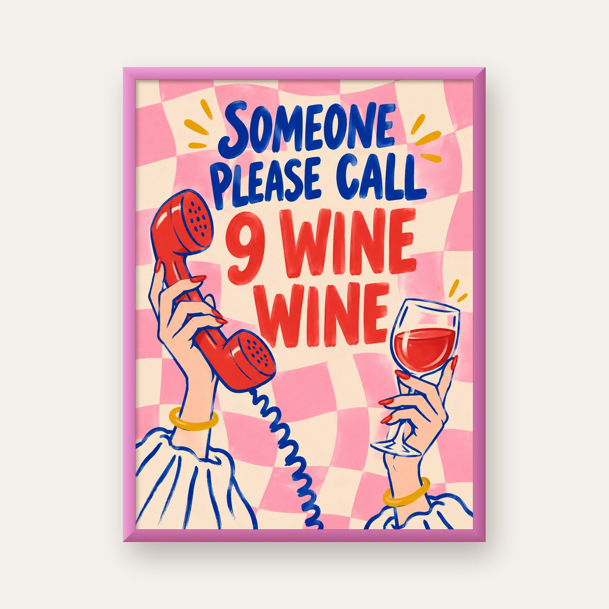 Eğlenceli Şarap & Telefon Poster – 9 Wine Wine İllüstrasyon — pembe çerçeveli