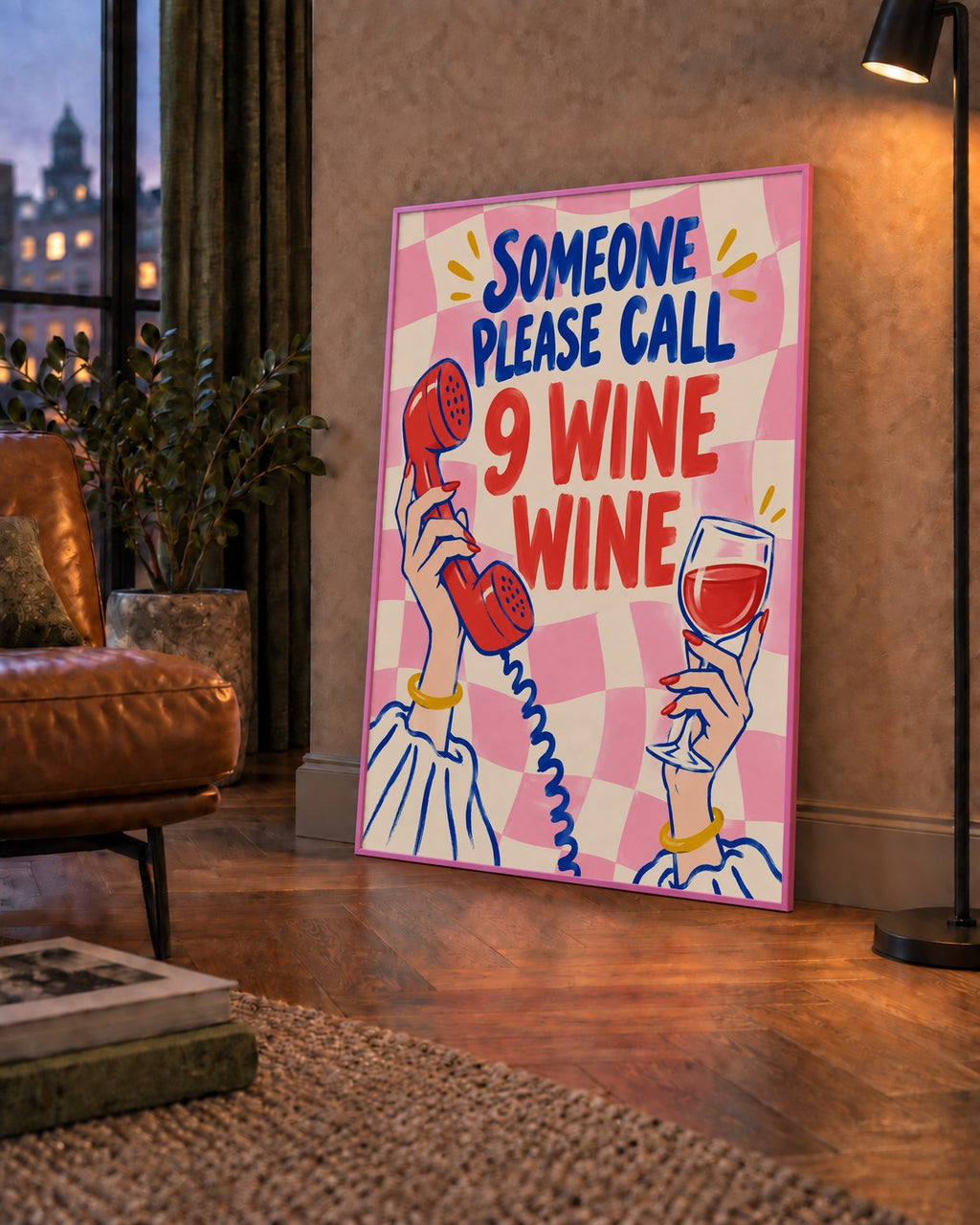 Eğlenceli Şarap & Telefon Poster – 9 Wine Wine İllüstrasyon — çerçeveli hâliyle bir ev duvarında