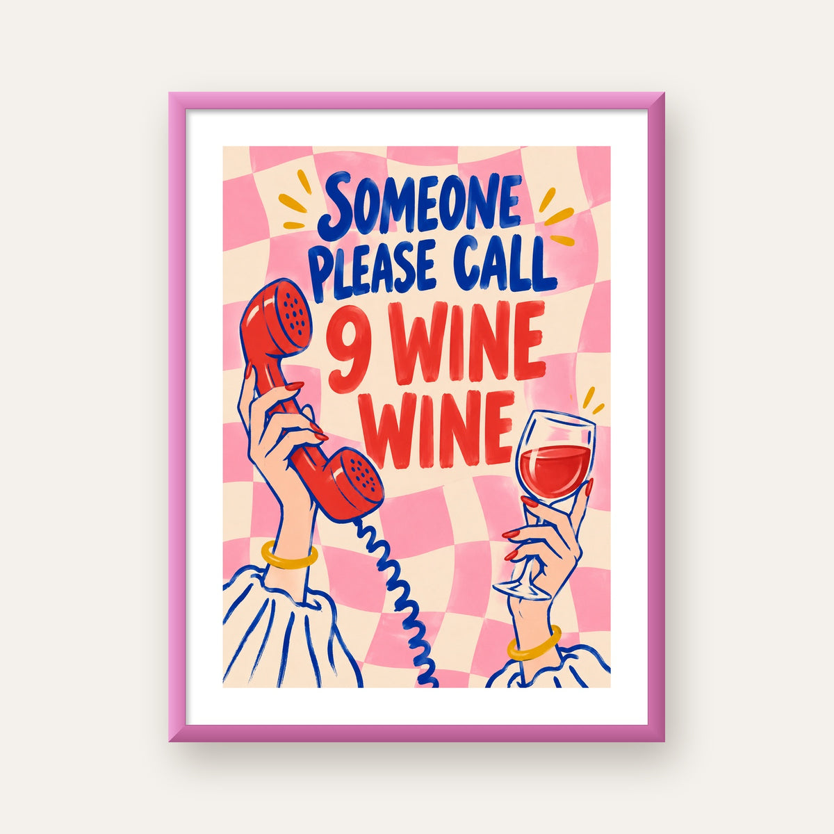 Eğlenceli Şarap & Telefon Poster – 9 Wine Wine İllüstrasyon — pembe çerçeveli paspartulu