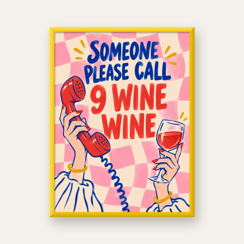 Eğlenceli Şarap & Telefon Poster – 9 Wine Wine İllüstrasyon — sarı çerçeveli