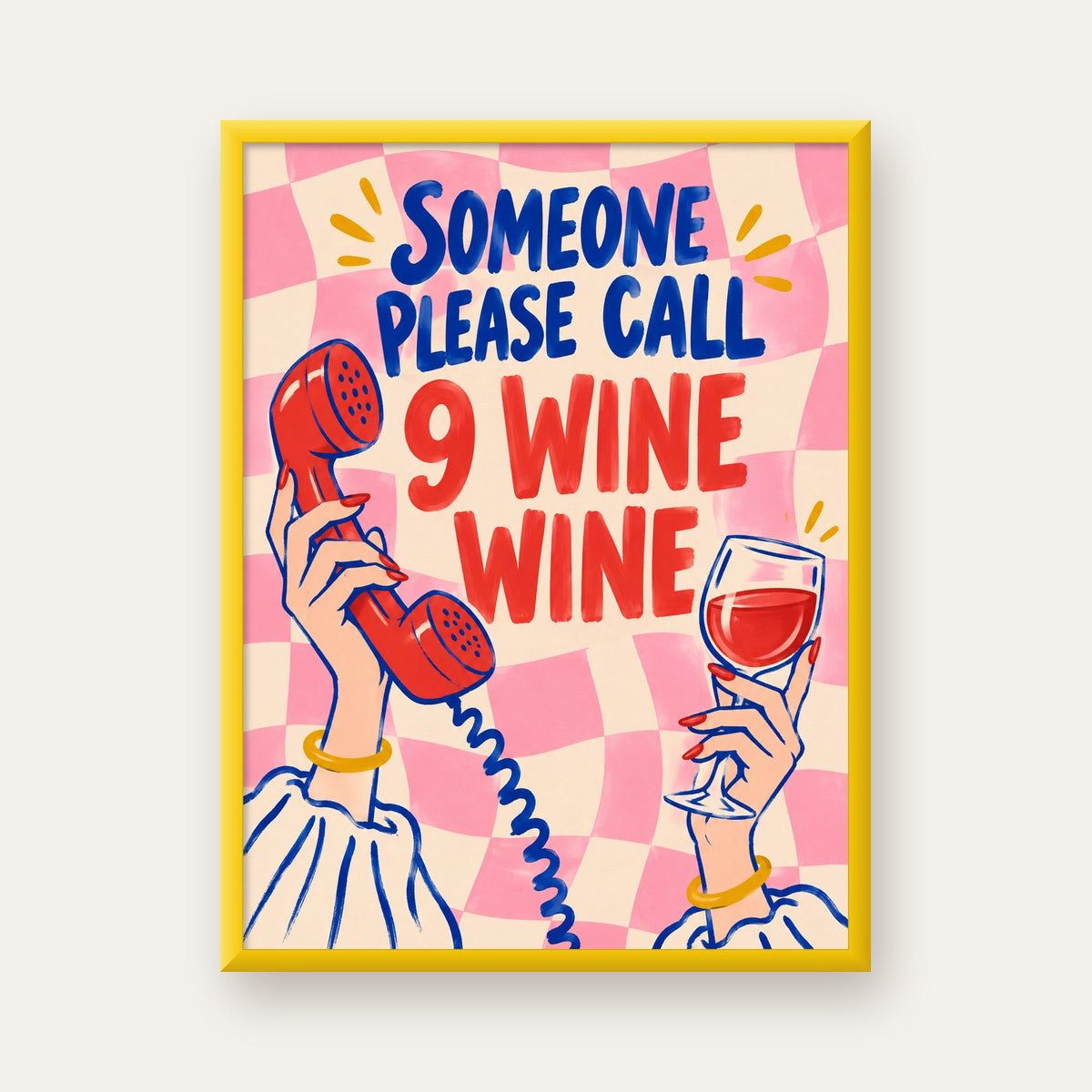 Eğlenceli Şarap & Telefon Poster – 9 Wine Wine İllüstrasyon — sarı çerçeveli