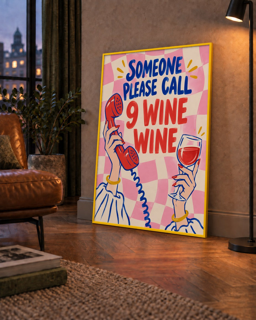 Eğlenceli Şarap & Telefon Poster – 9 Wine Wine İllüstrasyon — çerçeveli hâliyle bir ev duvarında