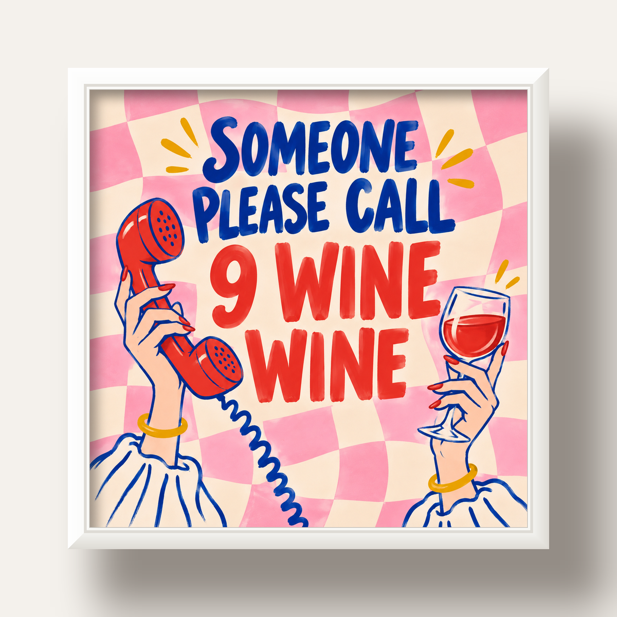 Eğlenceli Şarap & Telefon Poster – 9 Wine Wine İllüstrasyon — beyaz derin çerçeveli