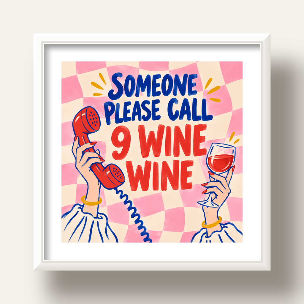 Eğlenceli Şarap & Telefon Poster – 9 Wine Wine İllüstrasyon — beyaz derin çerçeveli paspartulu