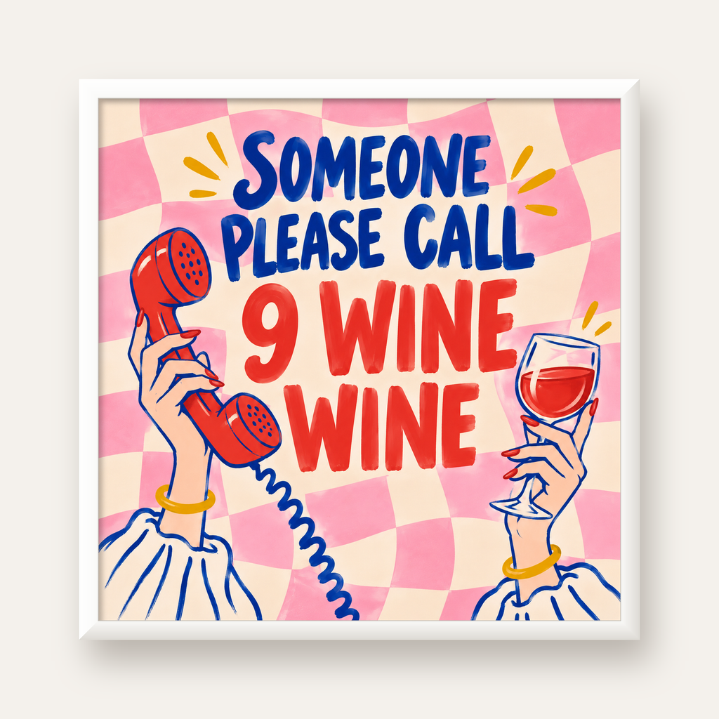 Eğlenceli Şarap & Telefon Poster – 9 Wine Wine İllüstrasyon — beyaz çerçeveli kare poster