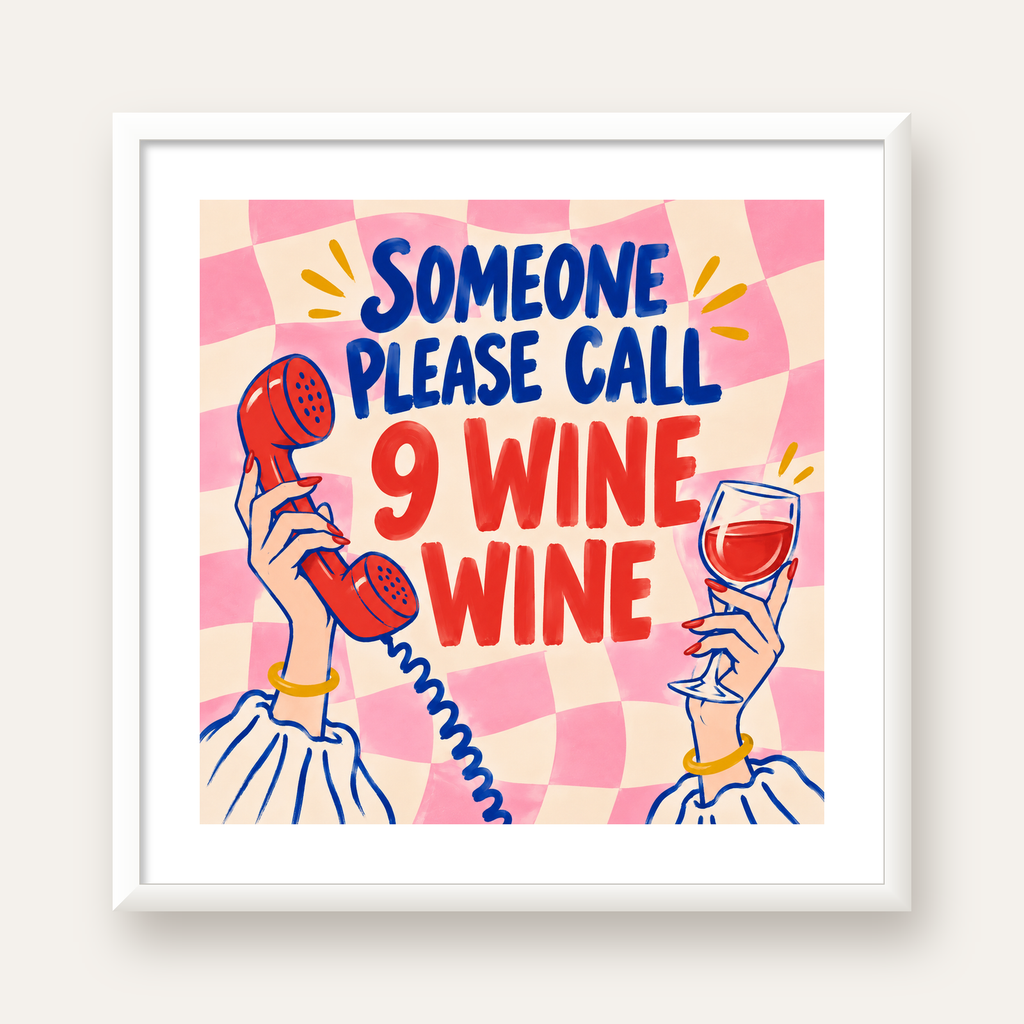 Eğlenceli Şarap & Telefon Poster – 9 Wine Wine İllüstrasyon — beyaz çerçeveli kare poster