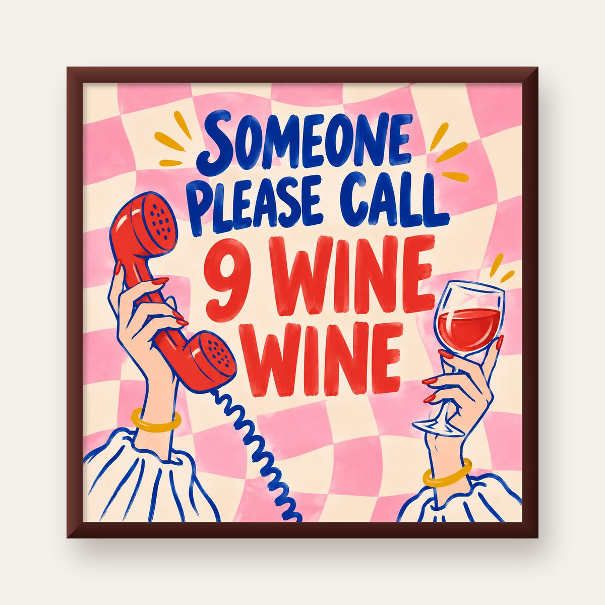 Eğlenceli Şarap & Telefon Poster – 9 Wine Wine İllüstrasyon — ceviz çerçeveli