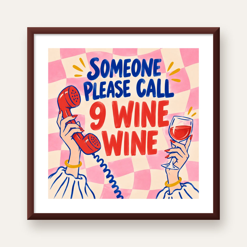 Eğlenceli Şarap & Telefon Poster – 9 Wine Wine İllüstrasyon — ceviz çerçeveli paspartulu