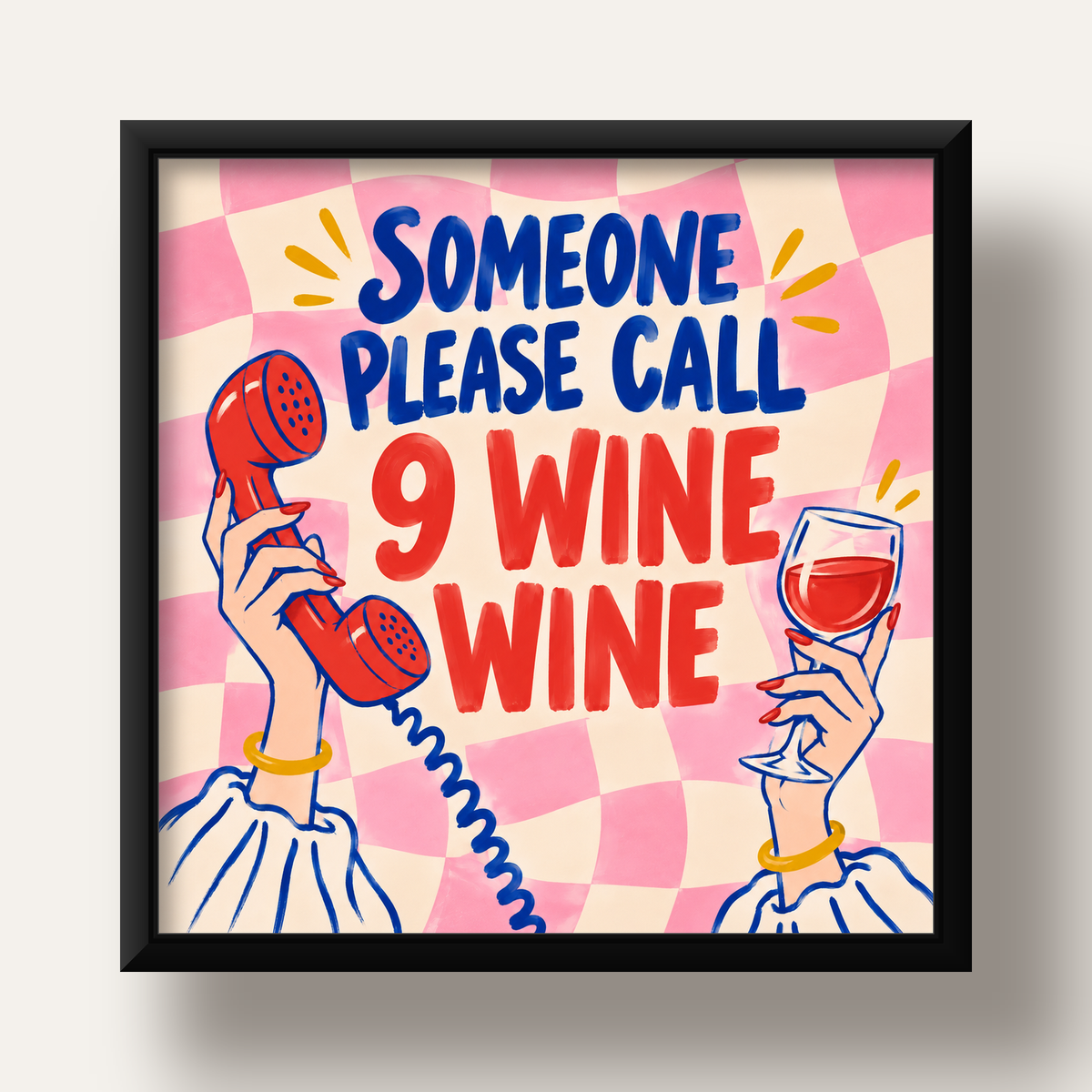 Eğlenceli Şarap & Telefon Poster – 9 Wine Wine İllüstrasyon — siyah derin çerçeveli