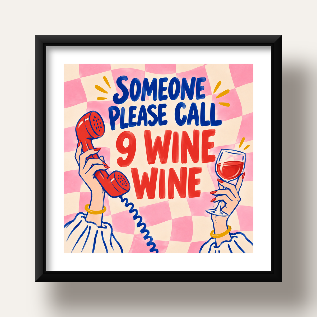 Eğlenceli Şarap & Telefon Poster – 9 Wine Wine İllüstrasyon — siyah derin çerçeveli paspartulu