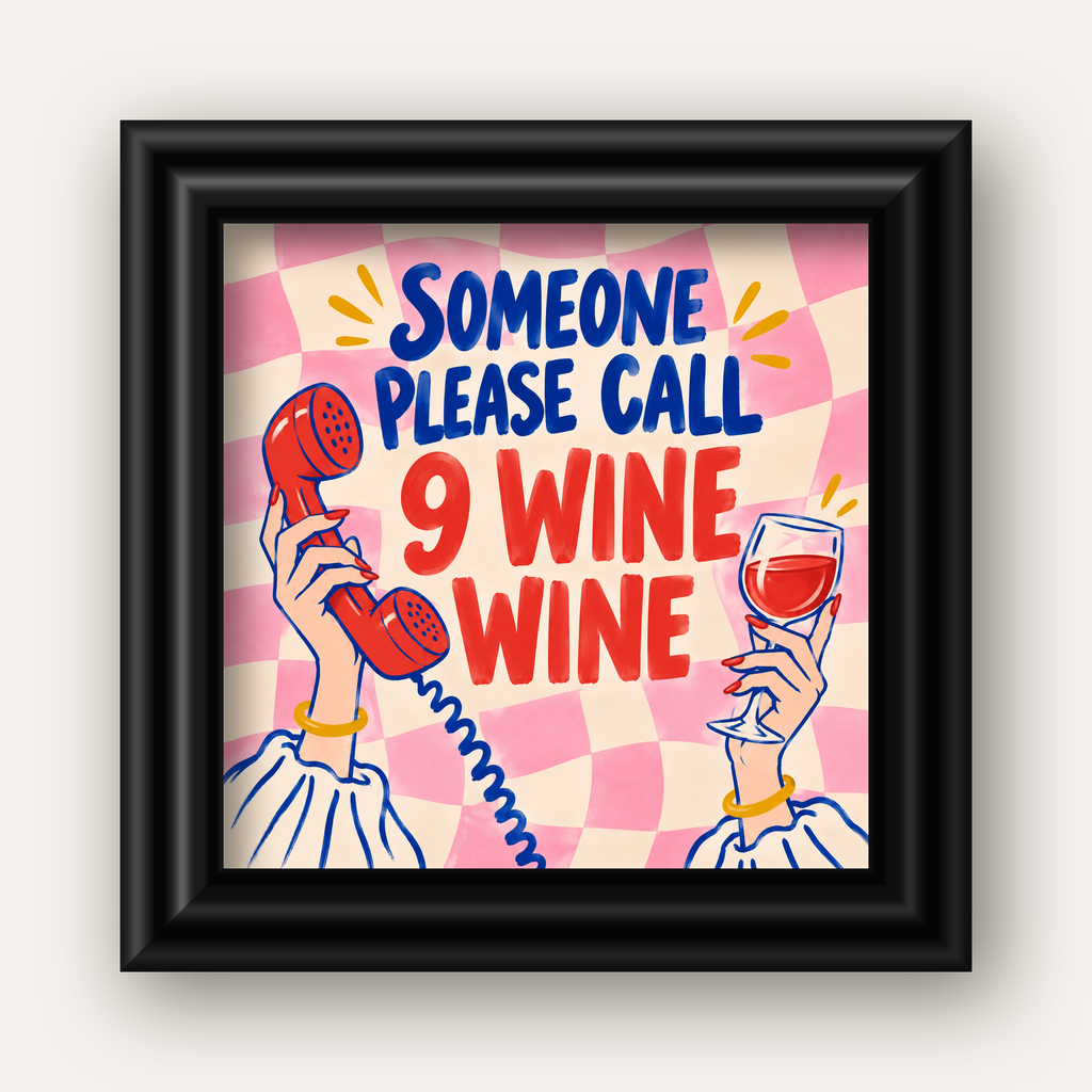 Eğlenceli Şarap & Telefon Poster – 9 Wine Wine İllüstrasyon — siyah galeri çerçeveli