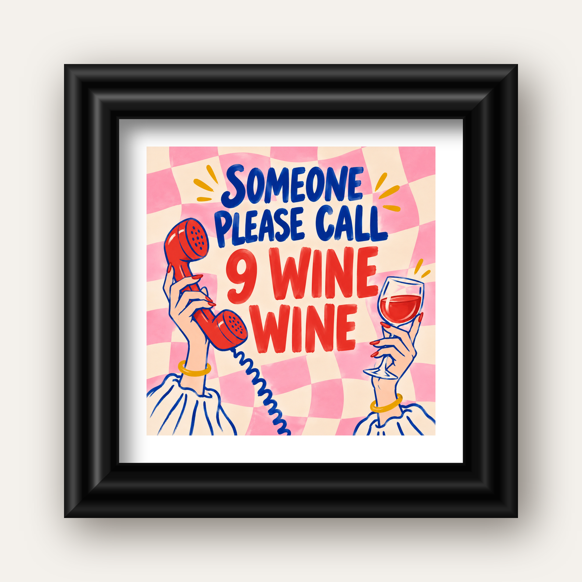 Eğlenceli Şarap & Telefon Poster – 9 Wine Wine İllüstrasyon — siyah galeri çerçeveli paspartulu