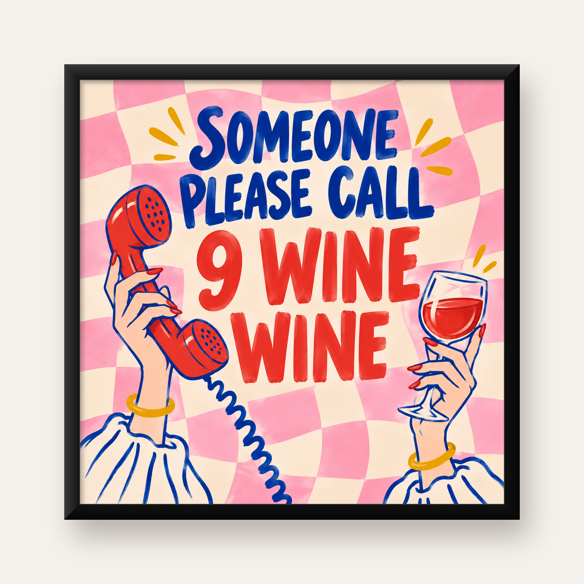 Eğlenceli Şarap & Telefon Poster – 9 Wine Wine İllüstrasyon — Kare baskı, düz siyah çerçeveli duvar posteri