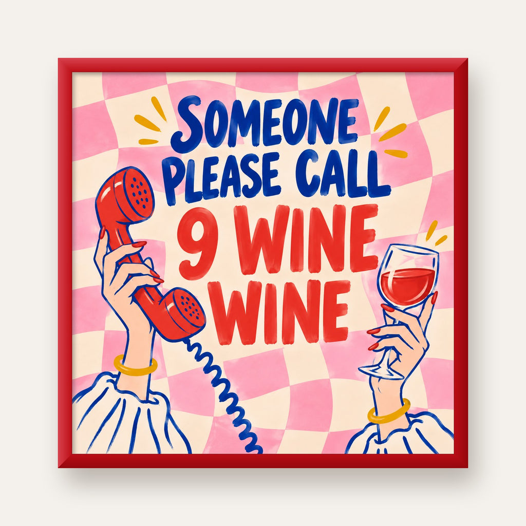 Eğlenceli Şarap & Telefon Poster – 9 Wine Wine İllüstrasyon — kırmızı çerçeveli