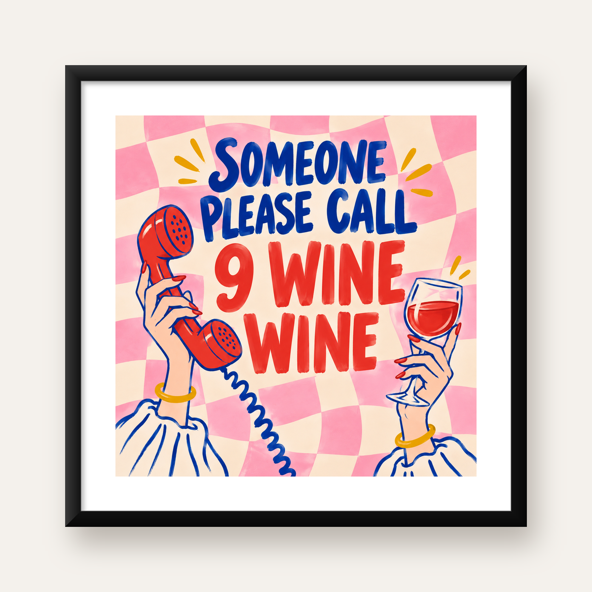 Eğlenceli Şarap & Telefon Poster – 9 Wine Wine İllüstrasyon — Kare baskı, beyaz paspartulu