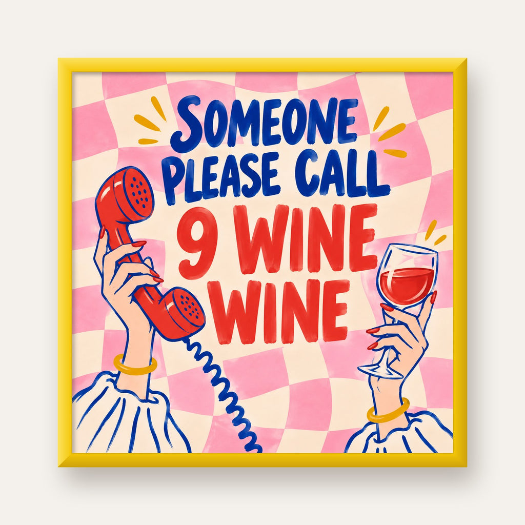 Eğlenceli Şarap & Telefon Poster – 9 Wine Wine İllüstrasyon — sarı çerçeveli